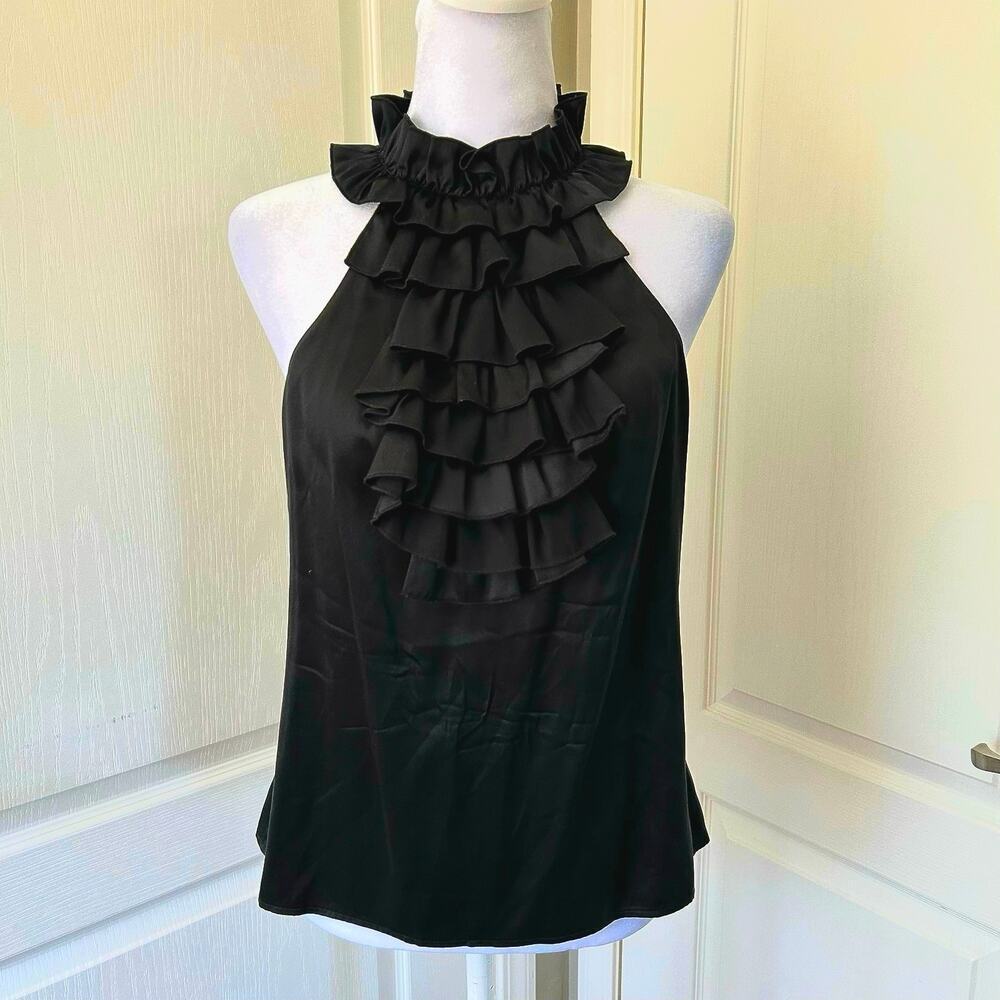 Moda International Silk-Blend Sleeveless Ruffle Mock Neck Top back zip Y2K small